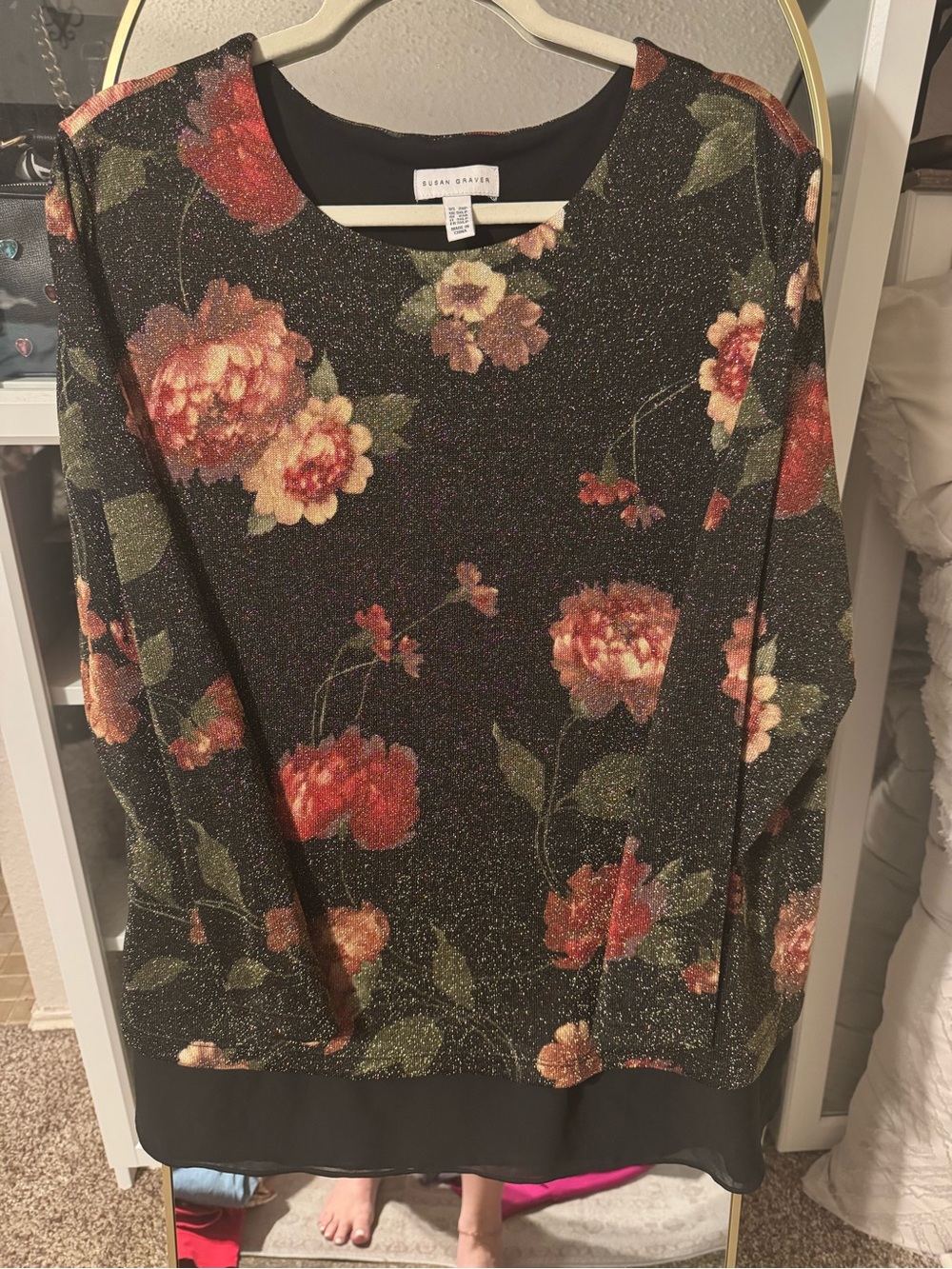 Susan Graver Black Floral Long-Sleeve Blouse
